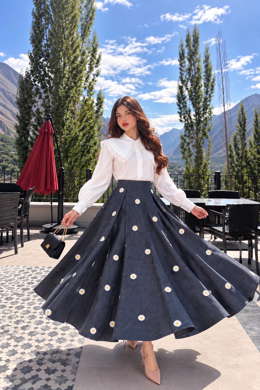 Denim Embroidered Flowered skirt with Casual shirt - 2 Pcs