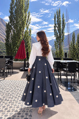Denim Embroidered Flowered skirt with Casual shirt - 2 Pcs