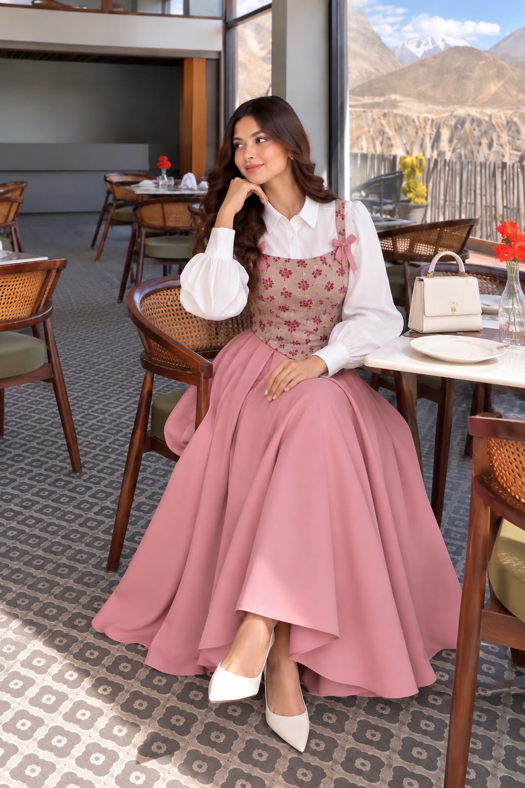 Pink Flowered textured Corset with Shirt & Skirt- 3 Pcs