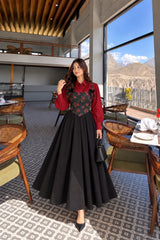 Red Rose Textured Coreset with button down shirt & Skirt- 3 Pcs