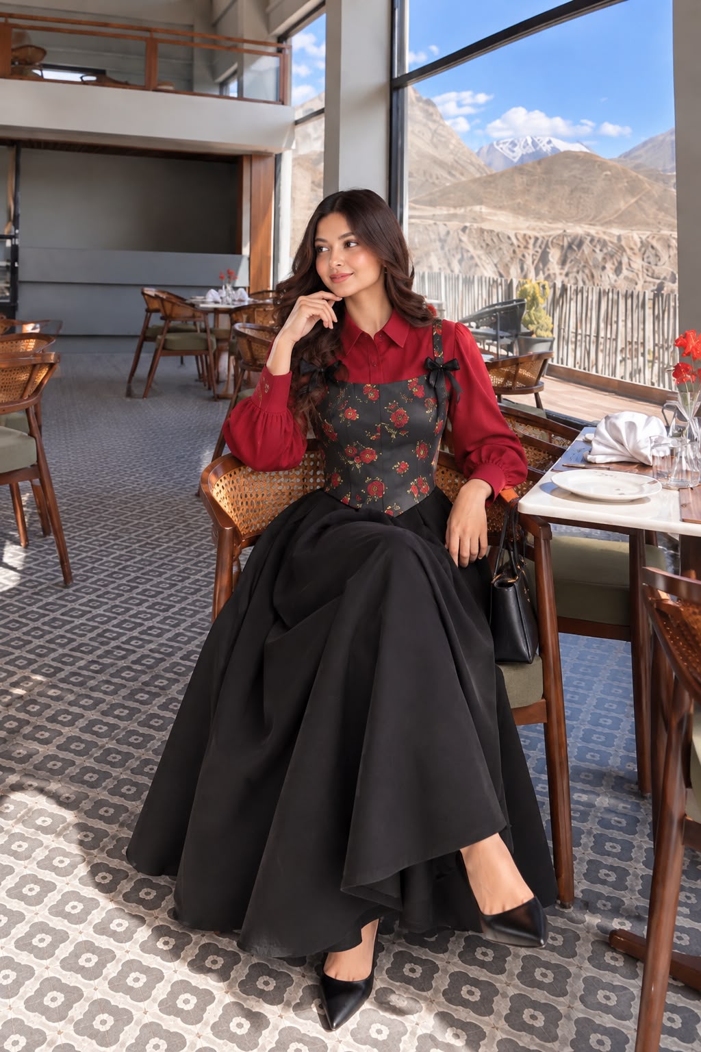 Red Rose Textured Coreset with button down shirt & Skirt- 3 Pcs