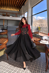 Red Rose Textured Coreset with button down shirt & Skirt- 3 Pcs