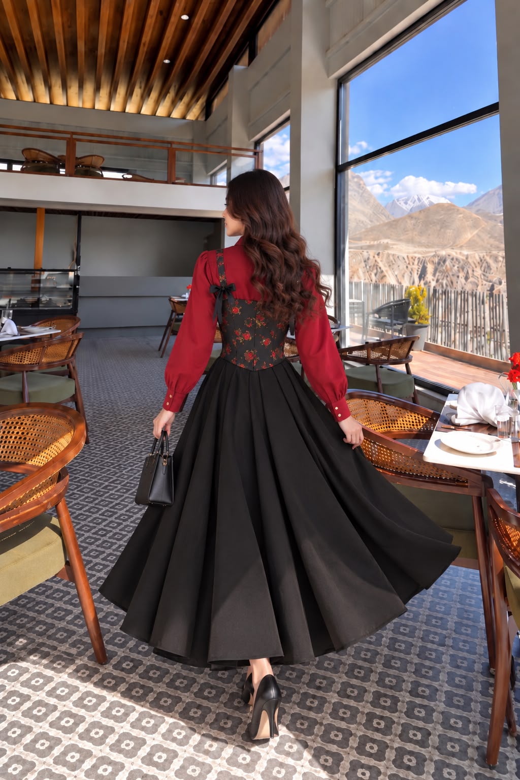 Red Rose Textured Coreset with button down shirt & Skirt- 3 Pcs
