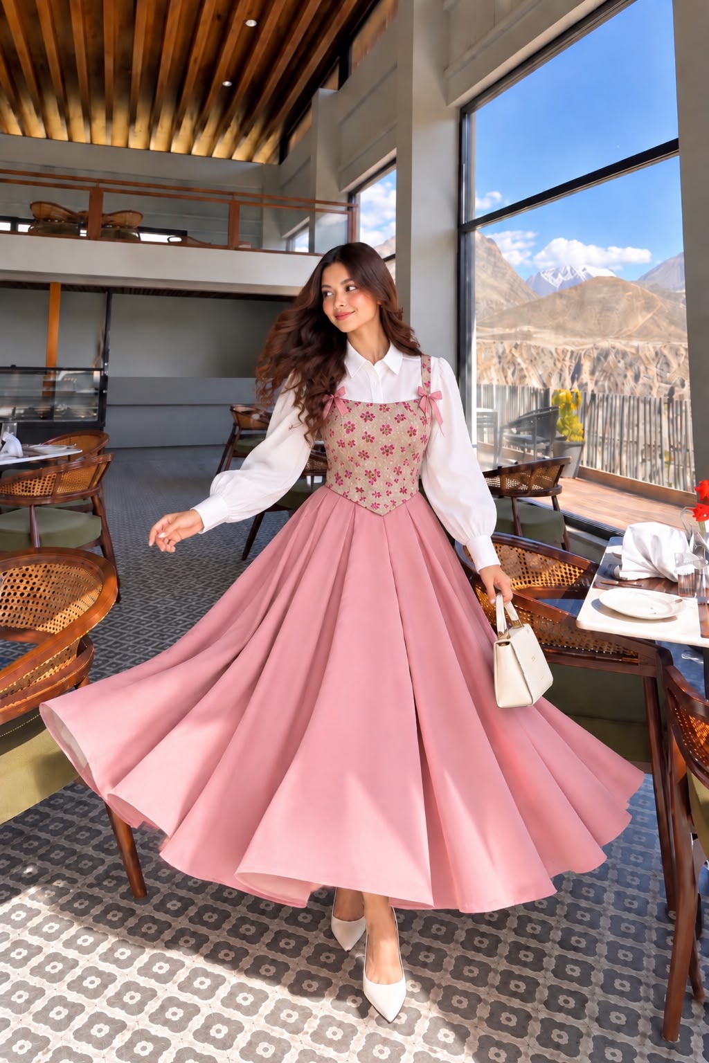 Pink Flowered textured Corset with Shirt & Skirt- 3 Pcs