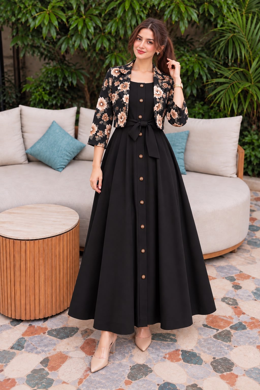 Golden Floral Coati with Black long frock- 2 PCs