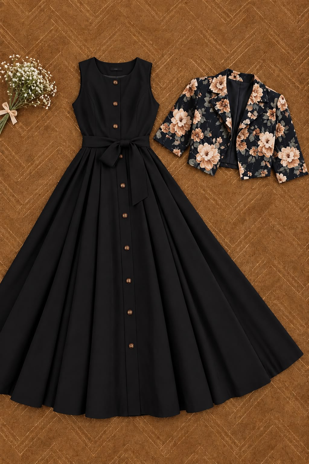 Golden Floral Coati with Black long frock- 2 PCs