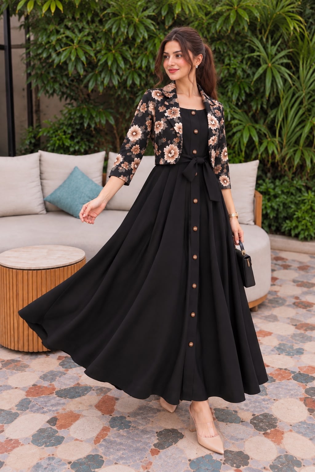 Golden Floral Coati with Black long frock- 2 PCs