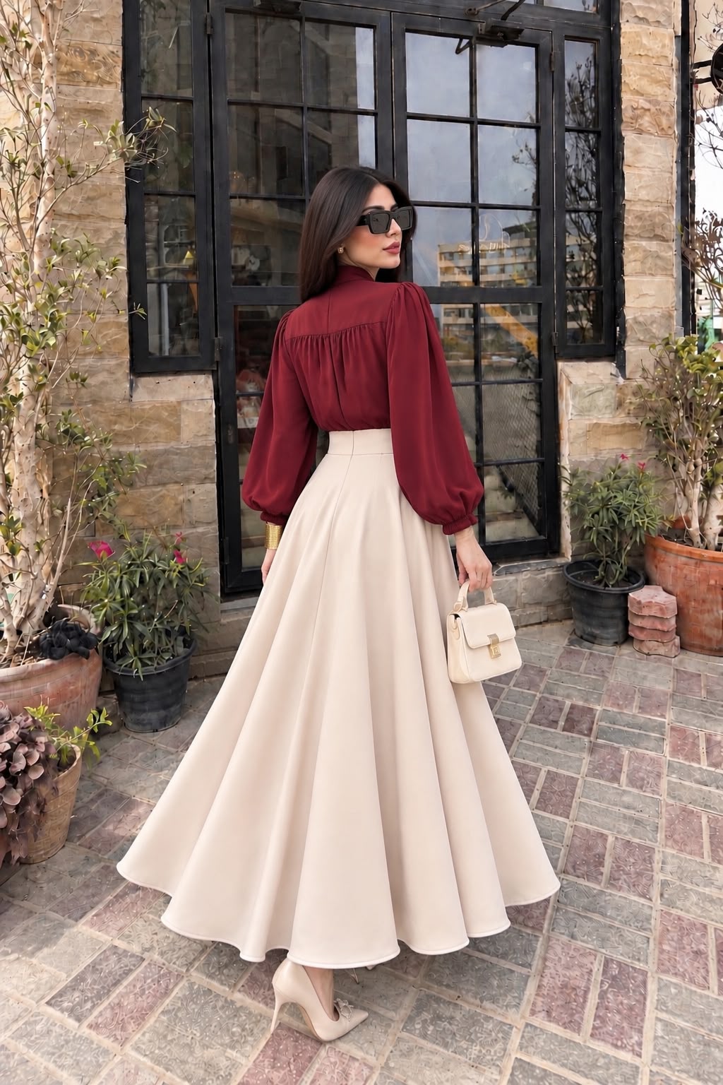 Blood red tie style shirt with Beige skirt- 2 Pcs