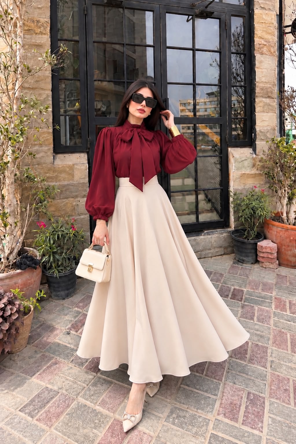 Blood red tie style shirt with Beige skirt- 2 Pcs