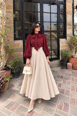 Blood red tie style shirt with Beige skirt- 2 Pcs