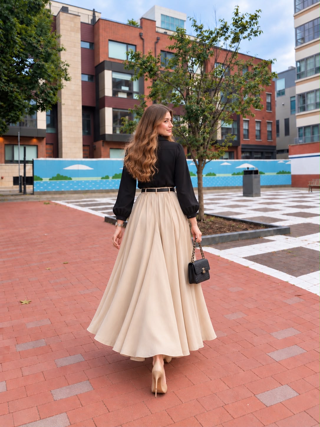 Black Button down Shirt with Beige Skirt - 2 Pcs