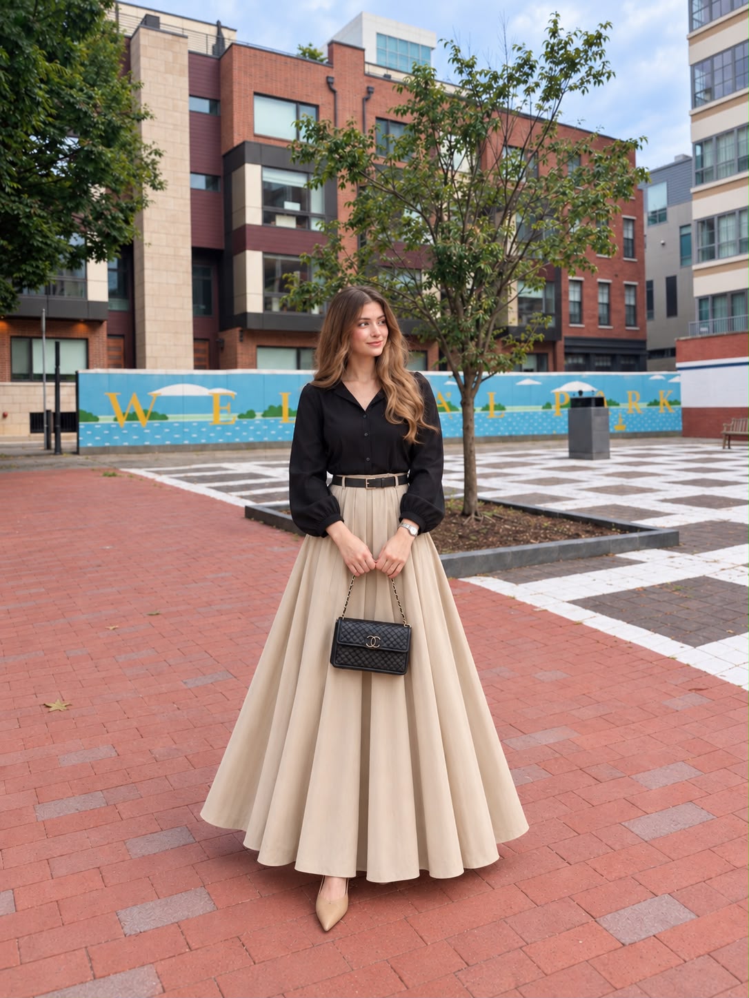 Black Button down Shirt with Beige Skirt - 2 Pcs