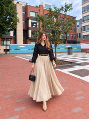 Black Button down Shirt with Beige Skirt - 2 Pcs