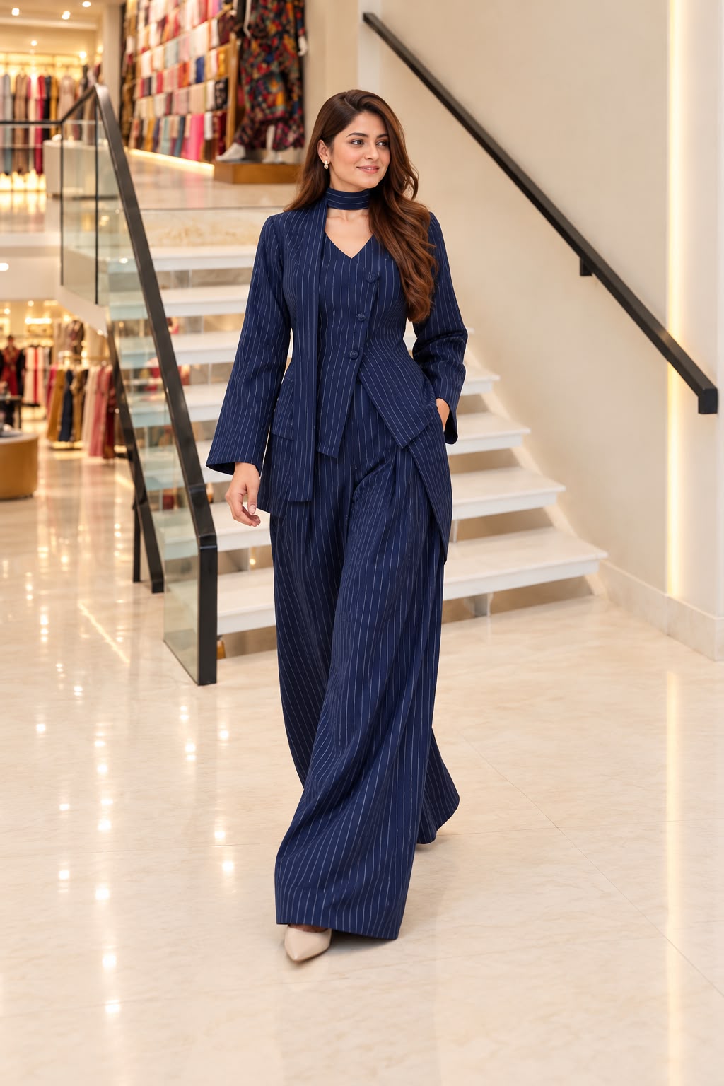 Navy Asymmetric Blazer with Trouser & Neck Scarf -3 PCs