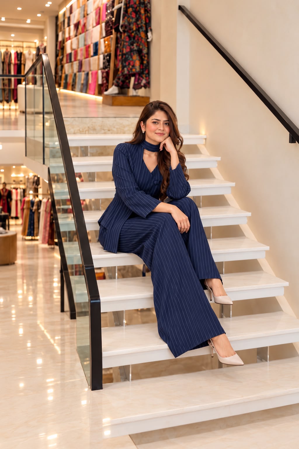Navy Asymmetric Blazer with Trouser & Neck Scarf -3 PCs