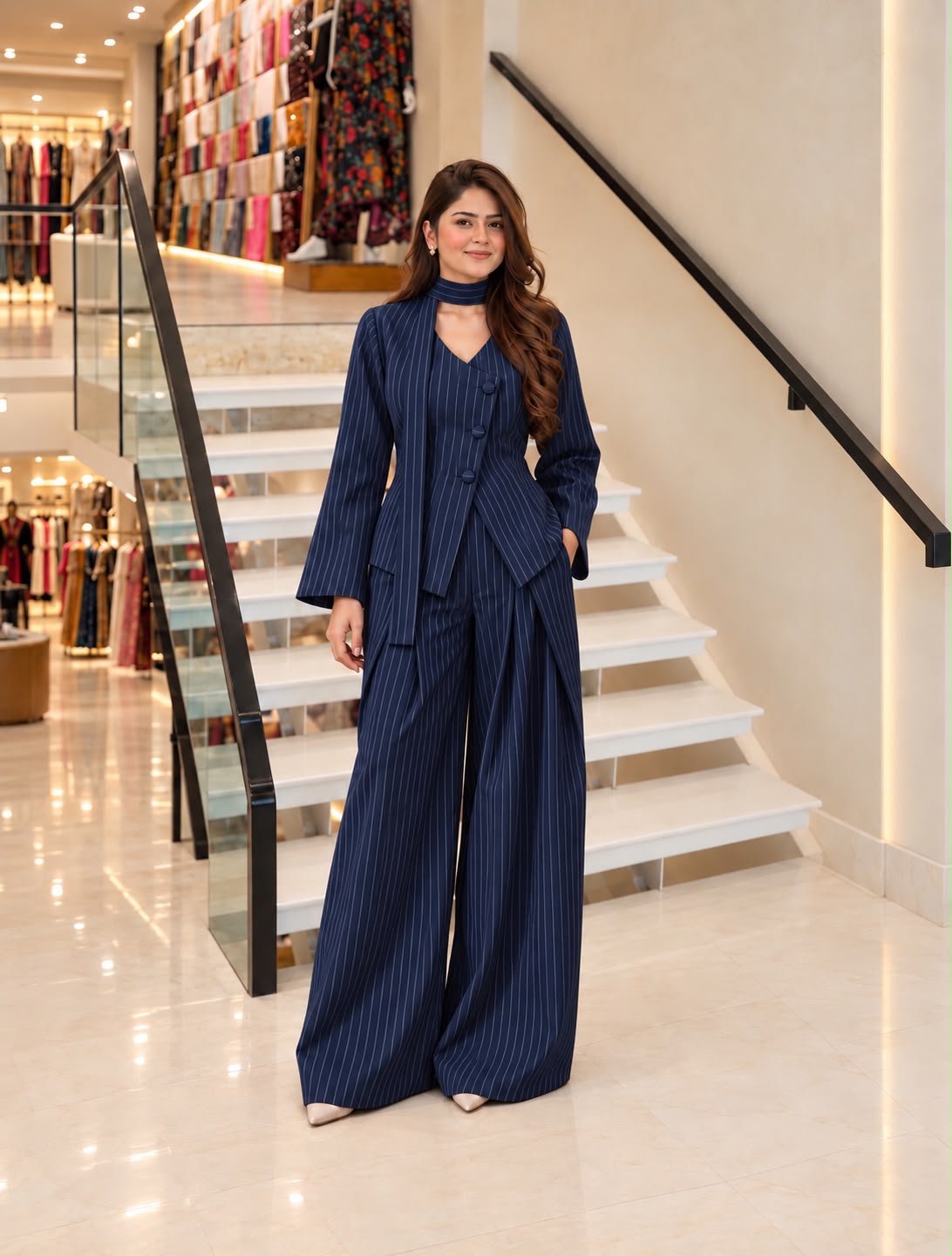Navy Asymmetric Blazer with Trouser & Neck Scarf -3 PCs