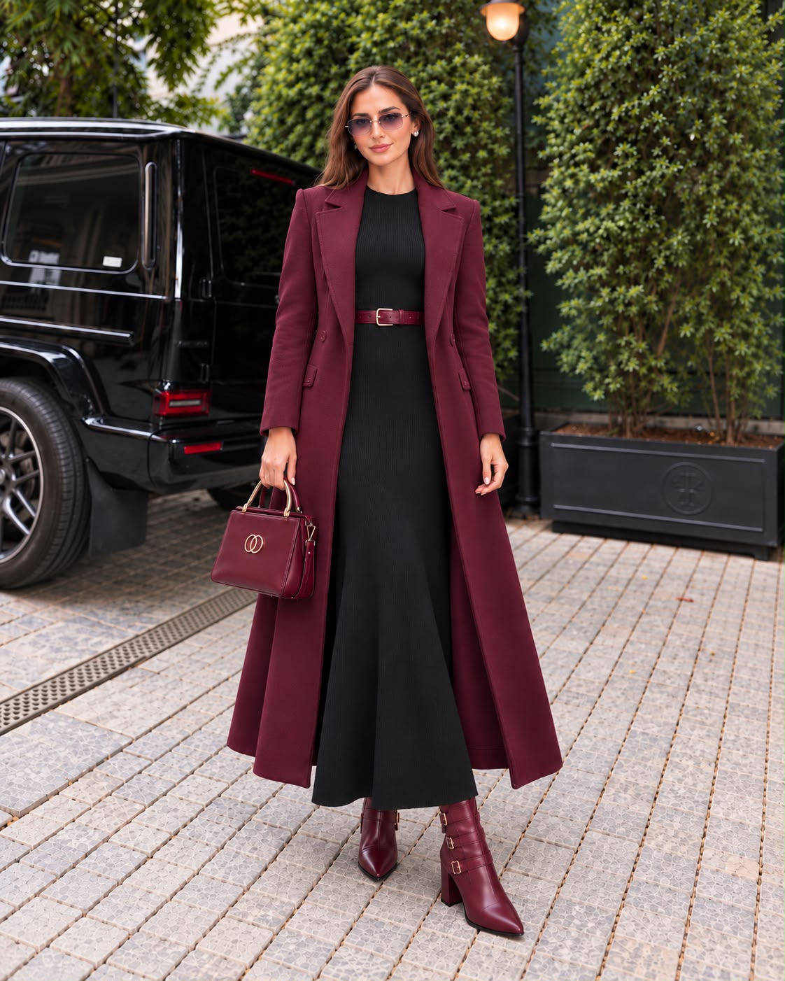 Burgundy Long Coat with Bodycon suit- 2 PCs