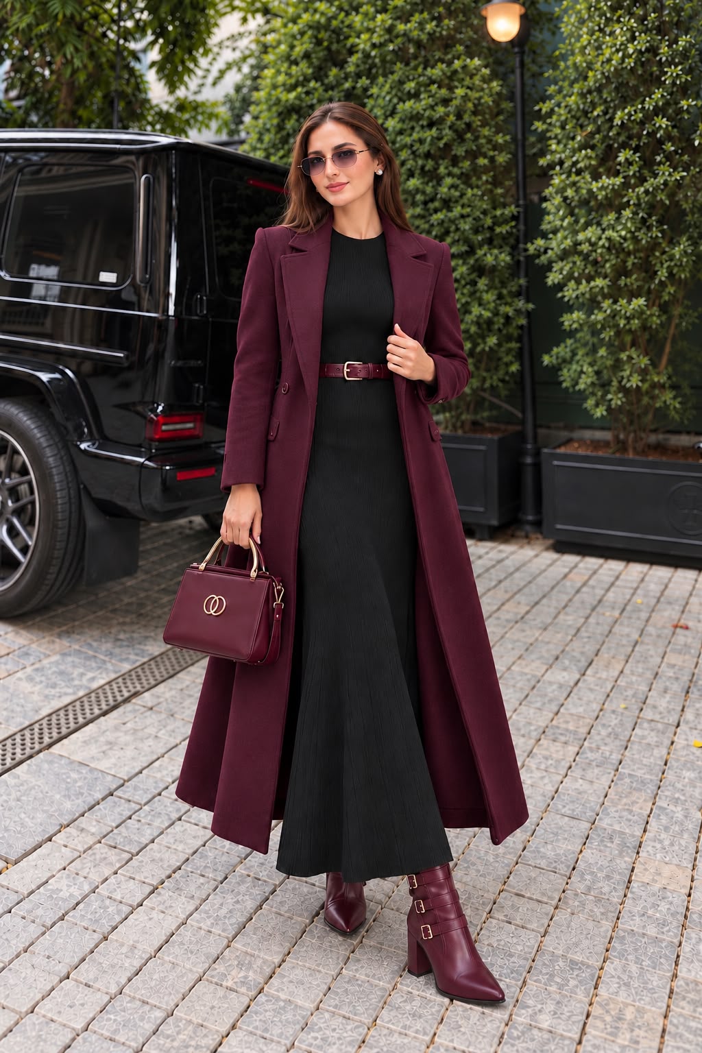 Burgundy Long Coat with Bodycon suit- 2 PCs
