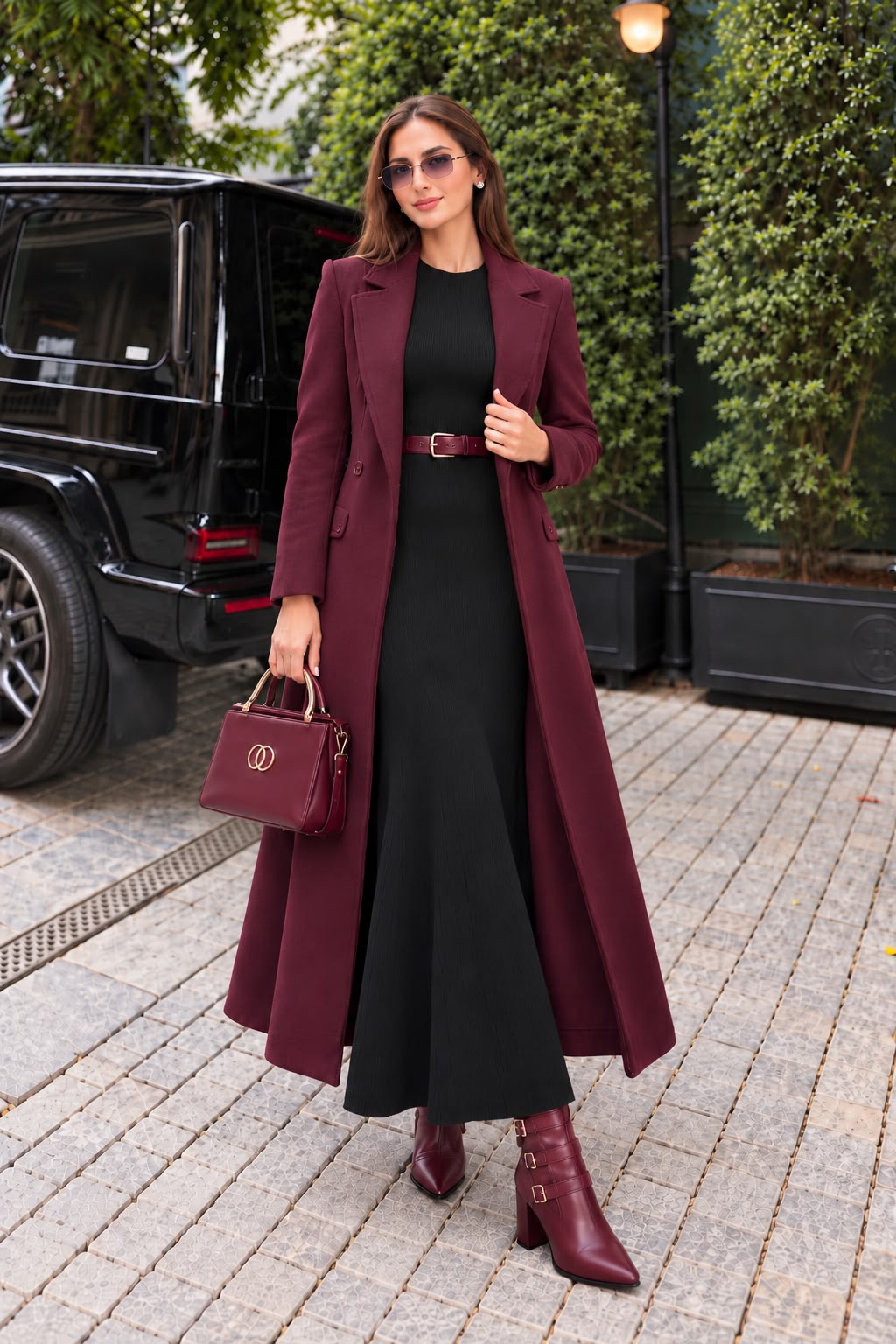 Burgundy Long Coat with Bodycon suit- 2 PCs