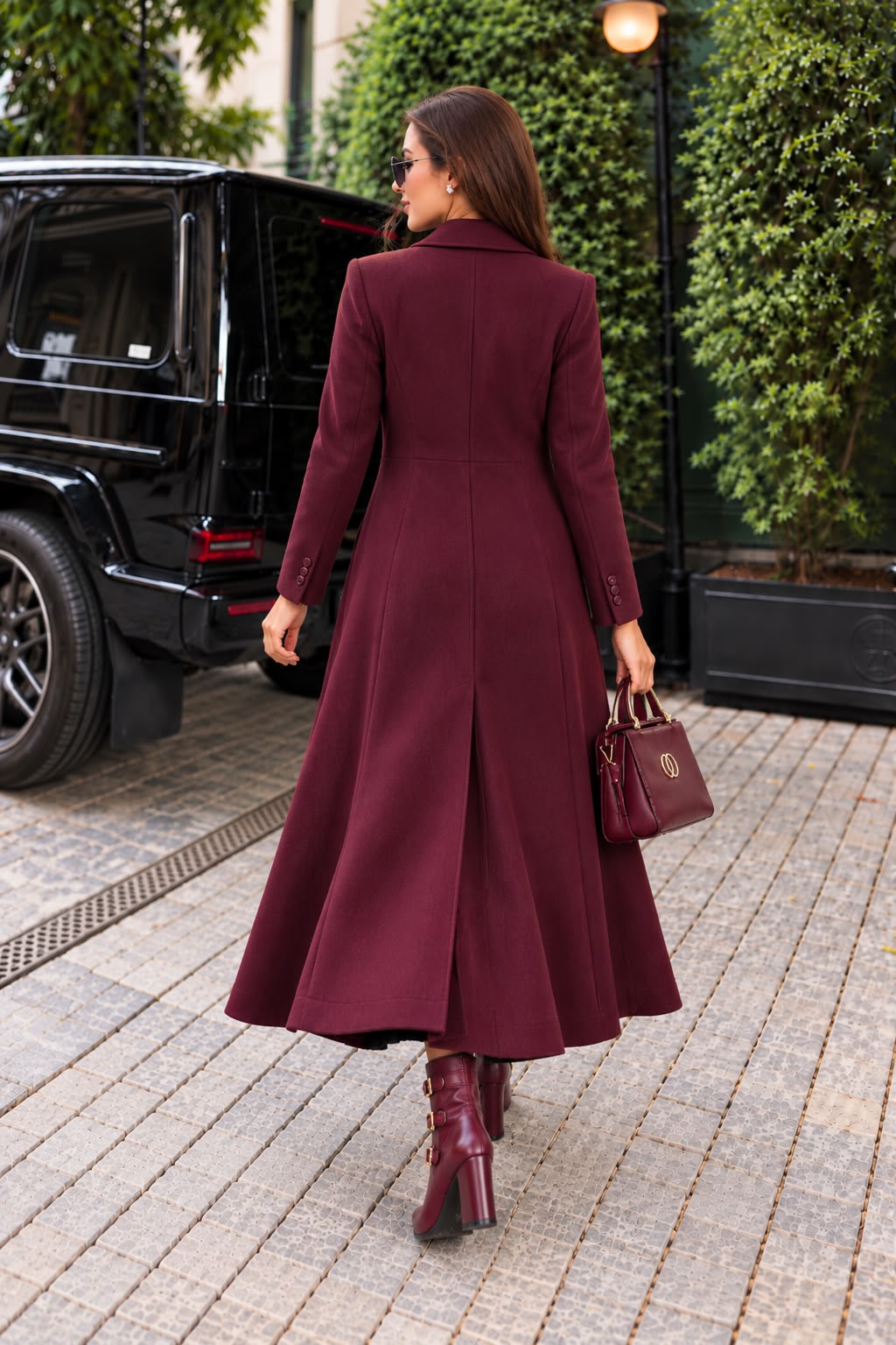 Burgundy Long Coat with Bodycon suit- 2 PCs